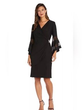 R&M Richards Navy Draped Wrap Dress with Ruffle Mesh Sleeves